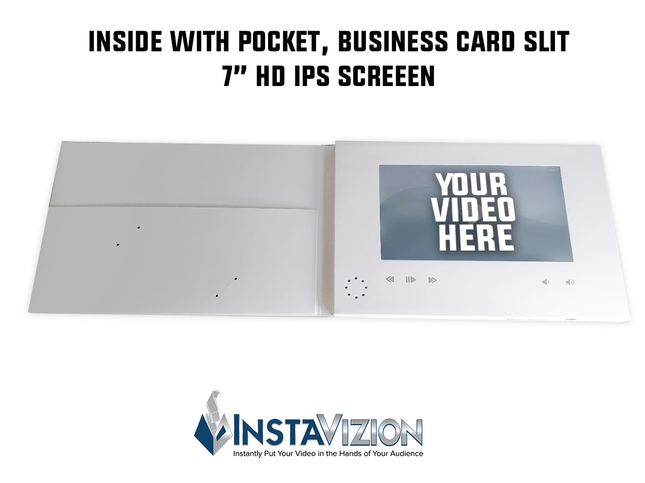 InstaVizion Blank Video Brochure | 7" HD Video Screen with Pocket & Business Card Slits | Free Fast Shipping | Upload Your Own Video(s) | Rechargeable